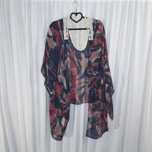 Soft Surroundings Kimono Crochet Lace Inset Boho Floral Black Red Flowy Festival